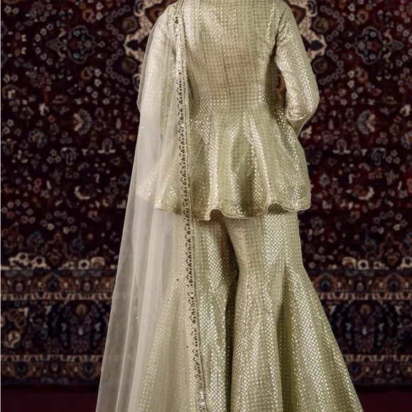 NWT Embroidered Light Olive Green Peplum Sharara Set - Picture 4 of 4